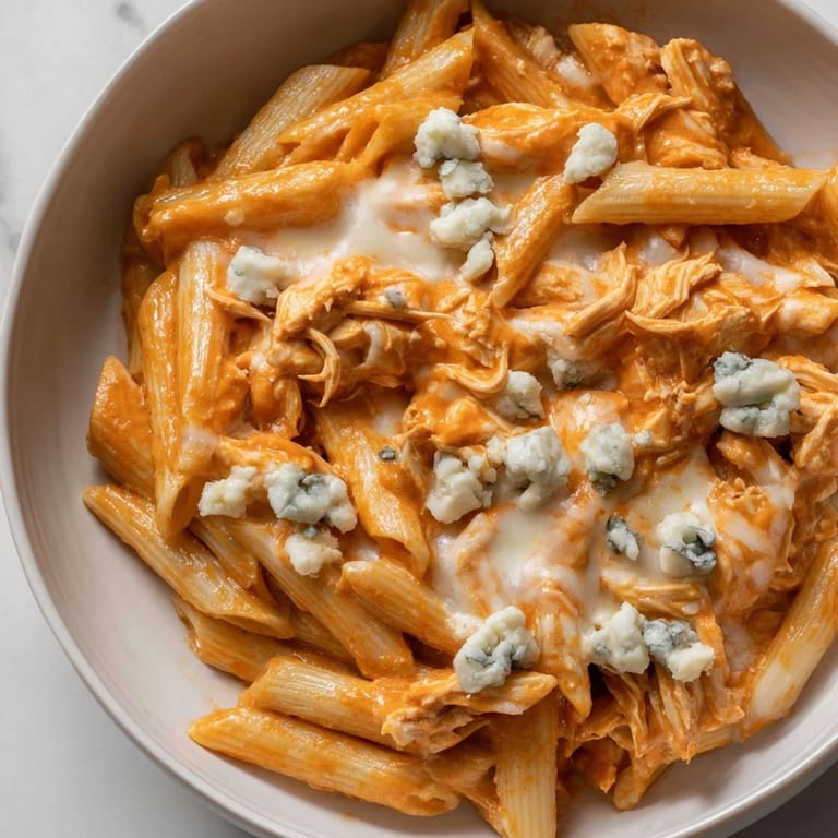Buffalo Chicken Pasta served hot with a side of celery sticks and ranch dip for a classic pairing.