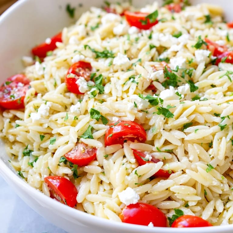 Bright Mediterranean flavors in Greek Orzo Salad, featuring feta, olives, and herbs on a sunny picnic table.  
