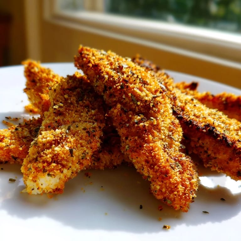 Herbed Crispy Panko Chicken Strips plated with ranch dip, showcasing a crunchy golden breadcrumb coating.