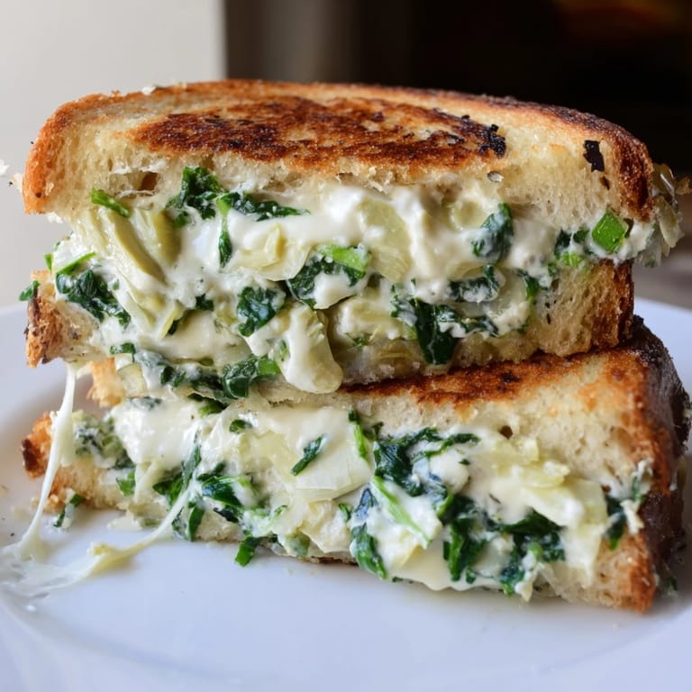 A close-up shot shows the vibrant green spinach artichoke grilled cheese filling on toasted bread.