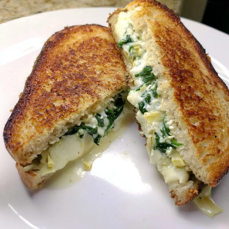 Perfect for lunch, this spinach artichoke grilled cheese pairs wonderfully with a warm bowl of tomato soup.