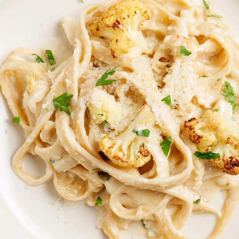 Freshly blended Roasted Cauliflower Alfredo sauce coats fettuccine, topped with a light dusting of Parmesan and chopped parsley for a vibrant finish.