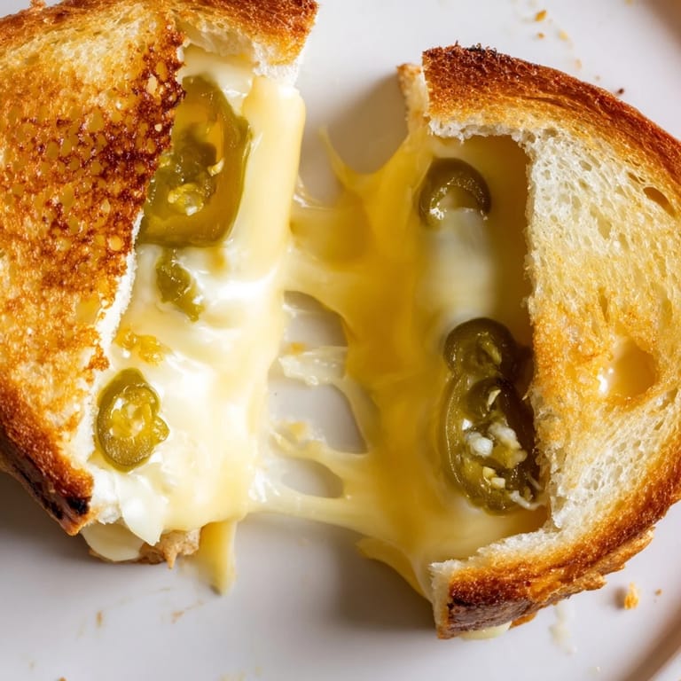 Two toasted halves of a Cheddar Jalapeño Grilled Cheese stacked on a plate, paired with a bowl of creamy tomato soup.
