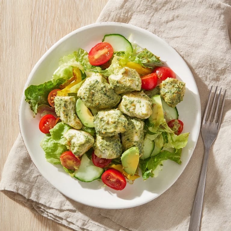Juicy baked chicken tossed in herb-yogurt dressing over a bright mixed greens salad.