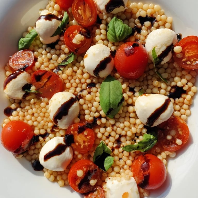 A close-up of Caprese Couscous Salad featuring tender pearled couscous, cherry tomatoes, and mozzarella pearls, drizzled with glossy balsamic glaze.