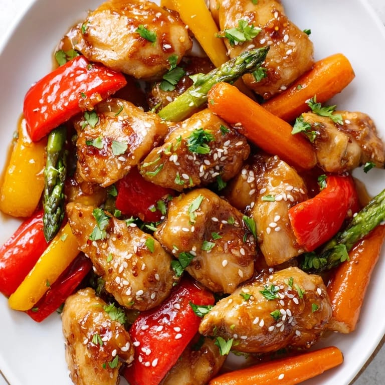 The golden, caramelized edges of honey garlic chicken and vegetables roast together on a single sheet pan.