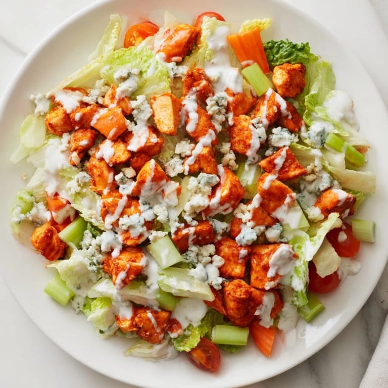 A vibrant bowl of Buffalo Chicken Chopped Salad with juicy chicken and red onion, ready to eat.