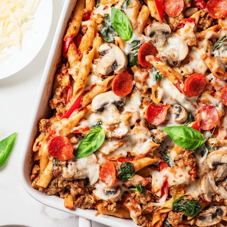 The baked High Protein Italian Beef and Pasta Bake showcases a golden, bubbly cheese topping and visible turkey pepperoni slices for a pizza-inspired flavor.