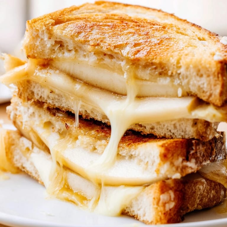 Golden-brown grilled cheese sandwich featuring smoked Gouda and tart apple slices, perfect for a cozy lunch paired with tomato soup.