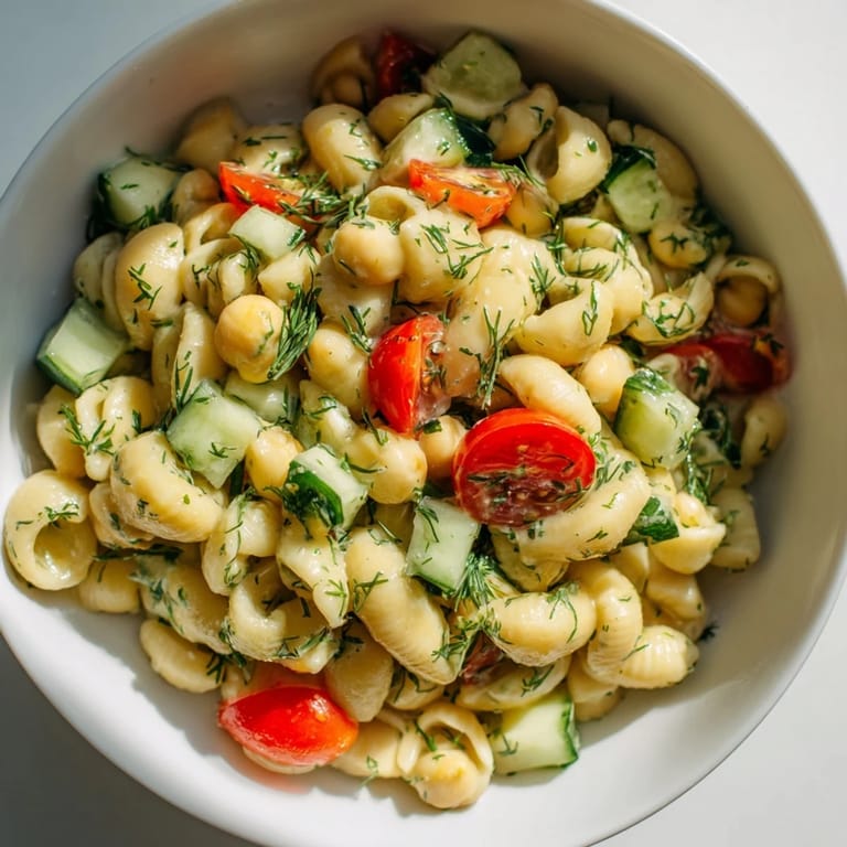 Cool, protein-packed chickpea pasta salad featuring diced cucumbers, halved cherry tomatoes, and kalamata olives with zesty lemon herb dressing.