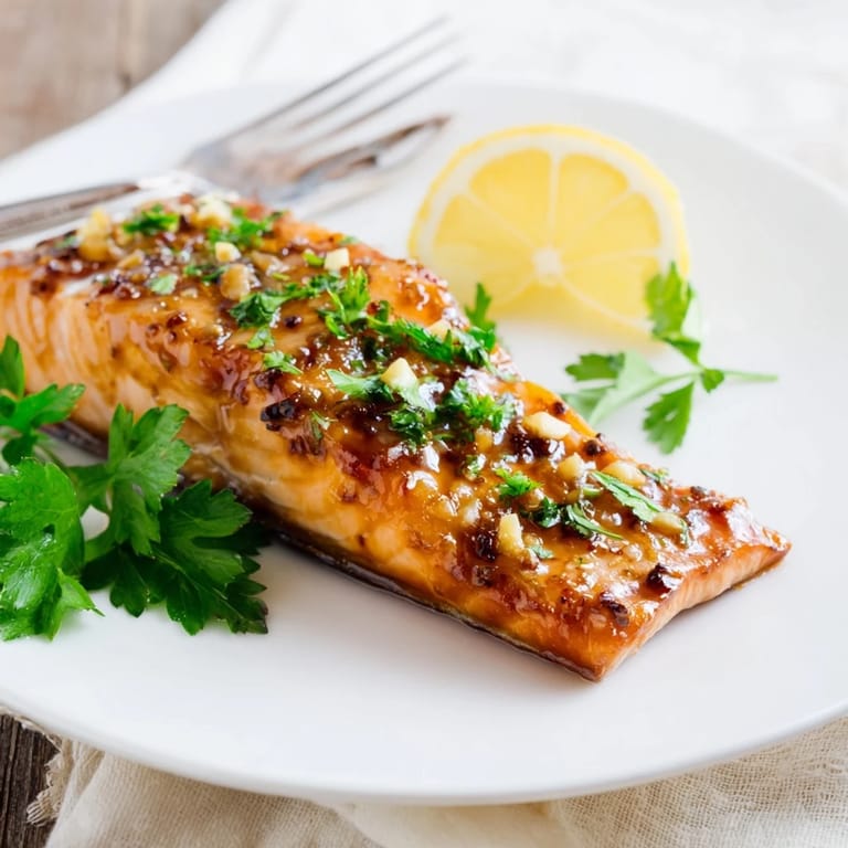 Four servings of Honey Garlic Glazed Salmon plated alongside steamed rice, showcasing the sticky, savory glaze and flaky pink fish.