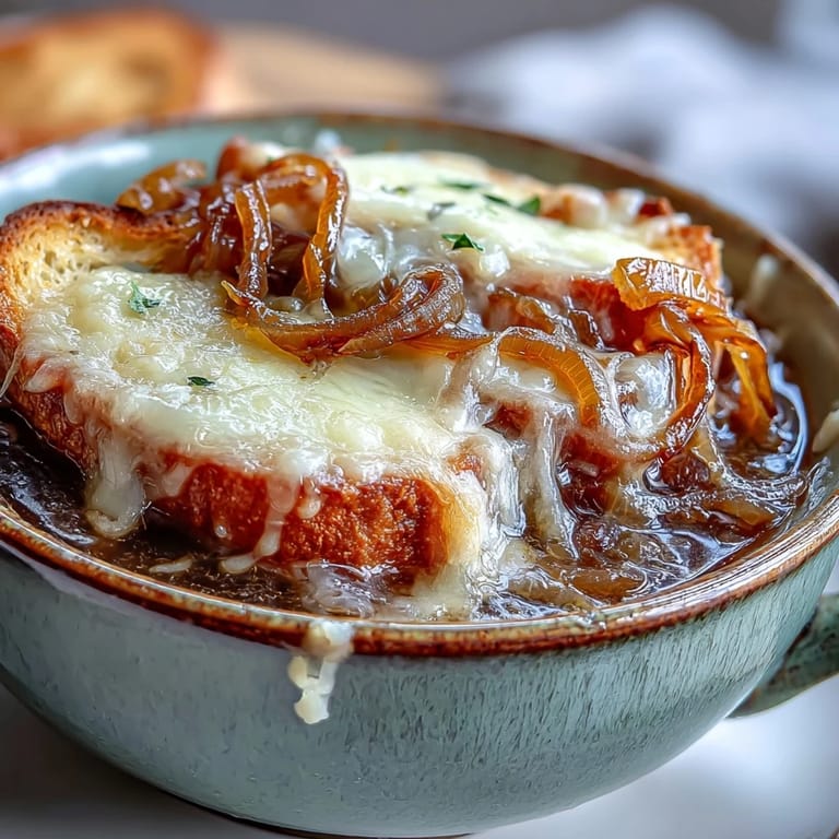 Broiled French Onion Soup bubbling in an oven-safe bowl with melty cheese and toasted bread.