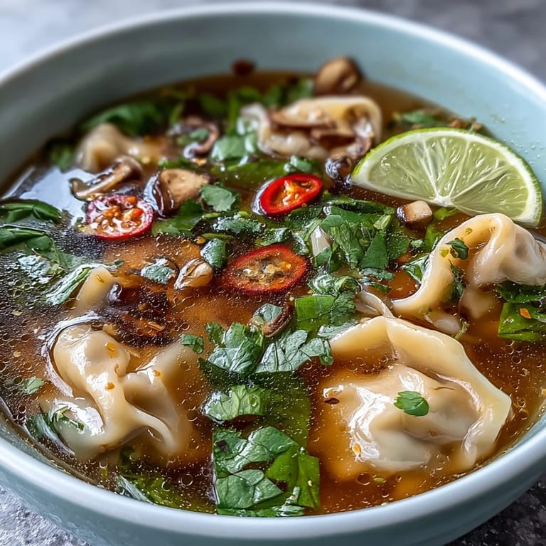 Freshly prepared Tom Yum Wonton Soup garnished with cilantro, lime wedges, and chili oil for a vibrant finish.