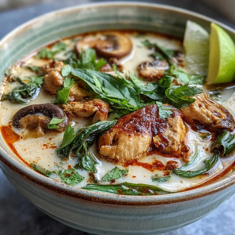 Vibrant Thai Chicken Coconut Curry Soup garnished with Thai basil and chilies, ready to be enjoyed with rice noodles.