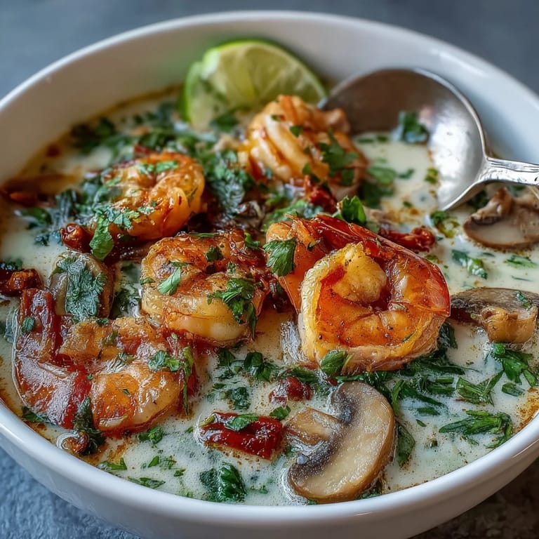 A bowl of Thai Coconut Shrimp Soup garnished with fresh cilantro, lime wedges, and green onions.