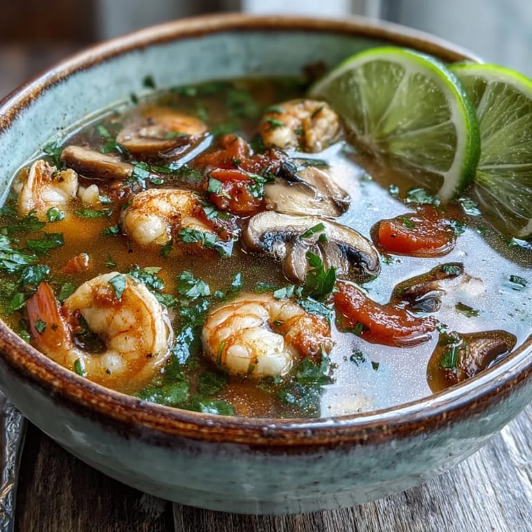 Aromatic Tom Yum Soup with red chiles and kaffir lime leaves in broth.