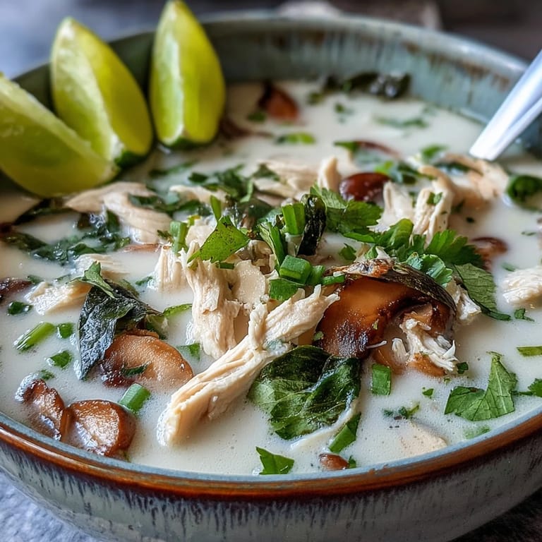 Authentic Tom Kha Gai served steaming hot with jasmine rice and fresh lime wedges on the side.