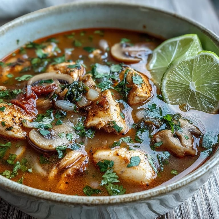 Steaming Tom Yum Gai soup showcases tender chicken pieces and vibrant tomato wedges in a fragrant, spicy-sour Thai broth.