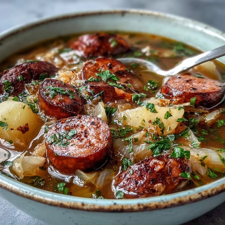 A rustic pot of Sausage, Potato and Cabbage Soup garnished with fresh parsley.