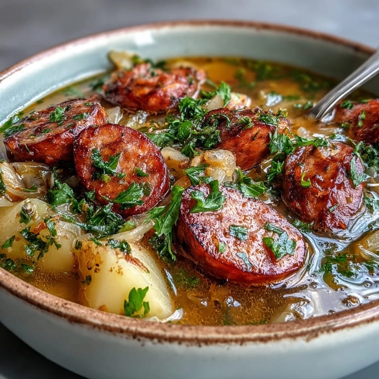 Hearty Sausage, Potato and Cabbage Soup with sour cream and smoked paprika.