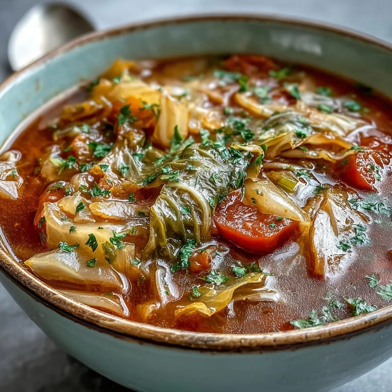 Steaming pot of Classic Cabbage Soup filled with chopped vegetables and fresh herbs, ready to be served.