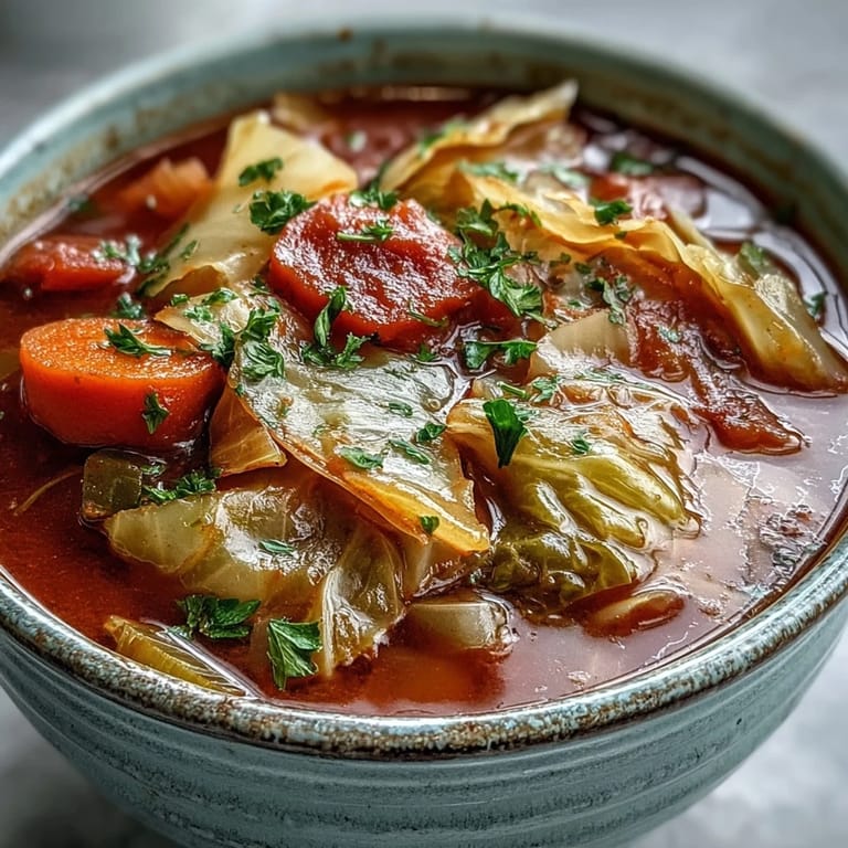 Classic Cabbage Soup garnished with fresh parsley, served alongside a slice of rustic bread for dipping.