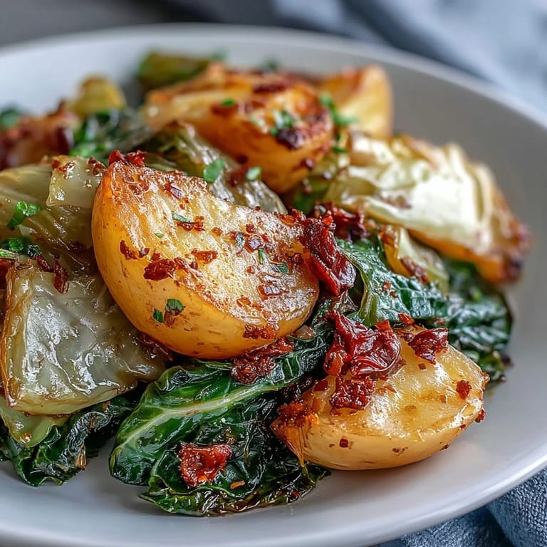 A cozy skillet of Braised Cabbage With Potatoes and Chili, the cabbage tender and chili flakes adding gentle warmth.