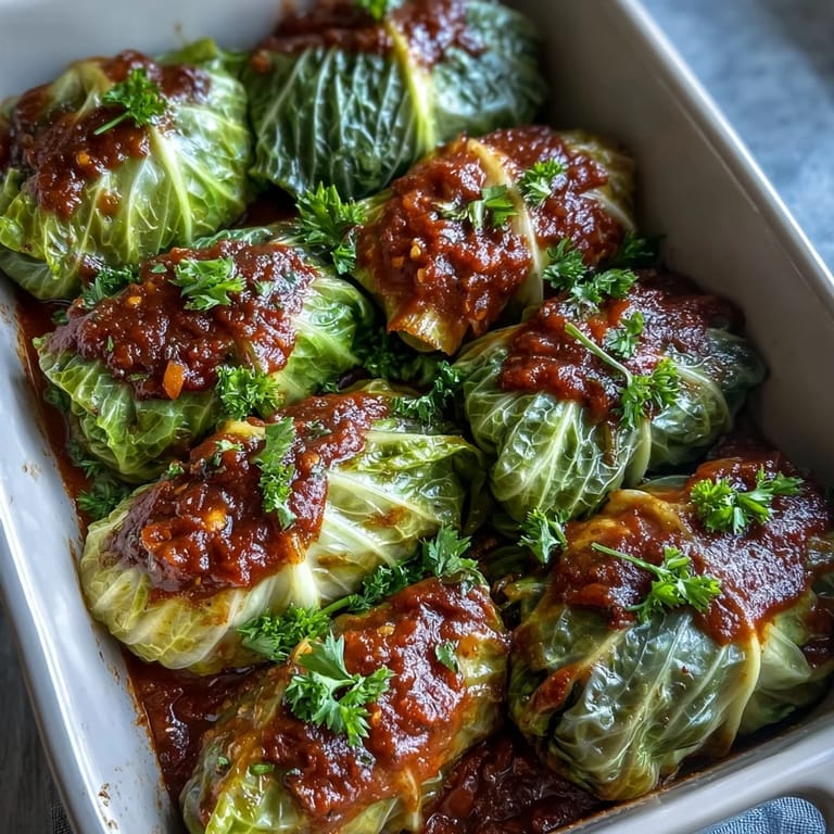A close-up of tender green cabbage rolls in a savory tomato sauce, ready to be served for a comforting meal.
