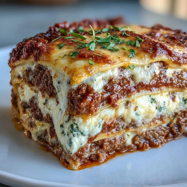 Serving suggestion of Worlds Best Lasagna plated with fresh basil, a fork cutting through a hearty, cheesy slice.