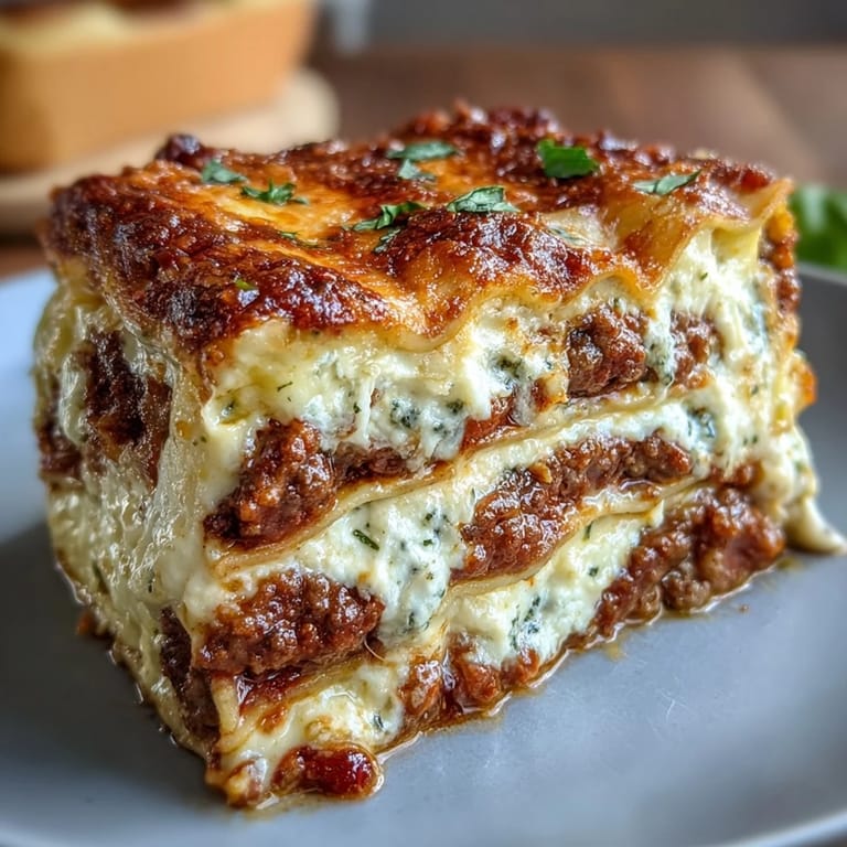 Close-up on a slice of Worlds Best Lasagna being lifted, showing tender noodles and savory meat sauce inside.