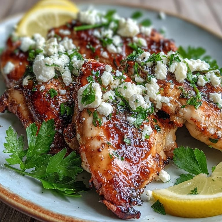 A close-up of Greek Chicken with Lemon and Feta, showing golden edges, crumbled feta, and vibrant herbs.