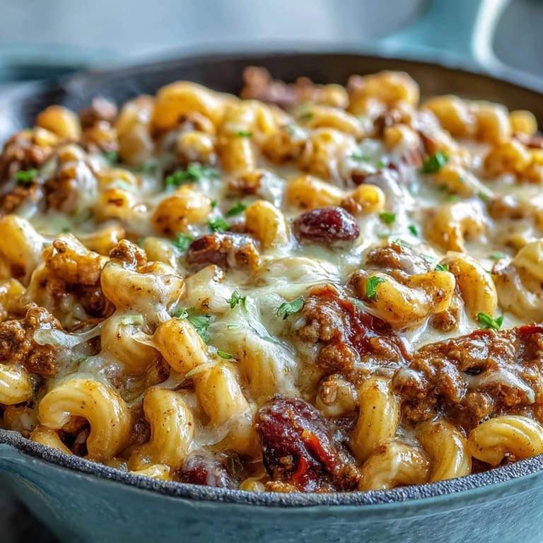 A hearty bowl of One-Pan High Protein Chili Mac with melted cheddar, ready for a weeknight family dinner.