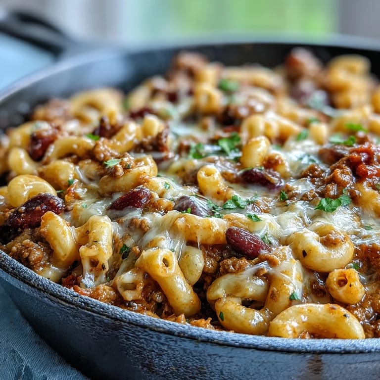 Ground beef simmered with spices in One-Pan High Protein Chili Mac, featuring gooey cheddar and optional beans.