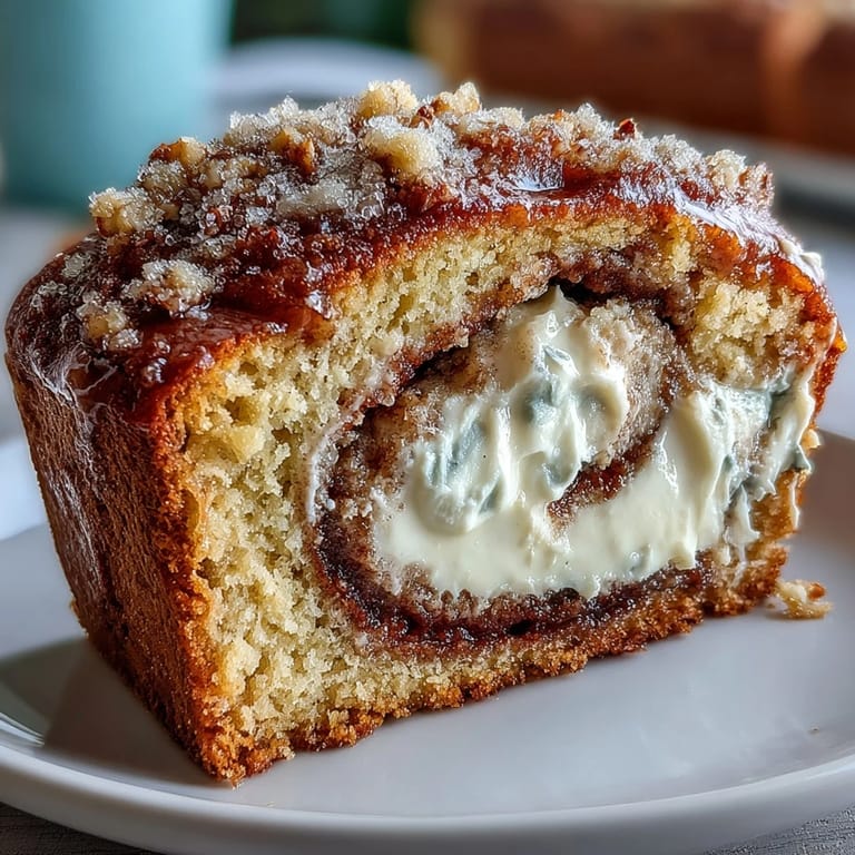 A thick slice of Cream Cheese Cinnamon Swirl Banana Bread revealing the rich, creamy filling on a plate.