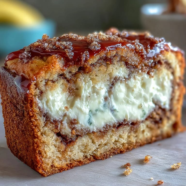 Golden brown Cream Cheese Cinnamon Swirl Banana Bread loaf topped with sparkling cinnamon sugar in a pan.