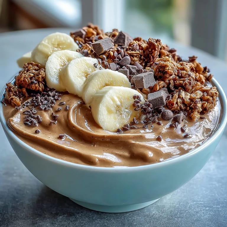 An overhead view of Chunky Monkey smoothie bowls, featuring sliced bananas, hemp seeds, and cacao nibs, offering a dairy-free, protein-packed snack or light meal.