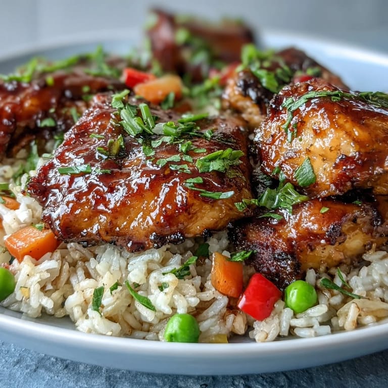 A close-up of One-Pan Bold Honey BBQ Chicken Rice garnished with parsley, served family-style.