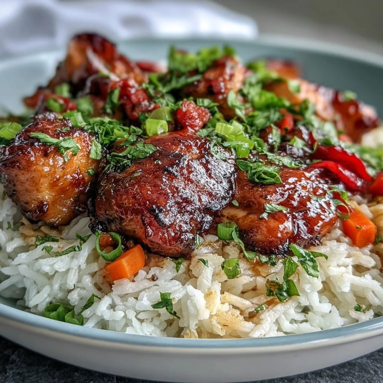 Sizzling One-Pan Bold Honey BBQ Chicken Rice in a skillet, honey BBQ sauce coating juicy chicken and vegetables.