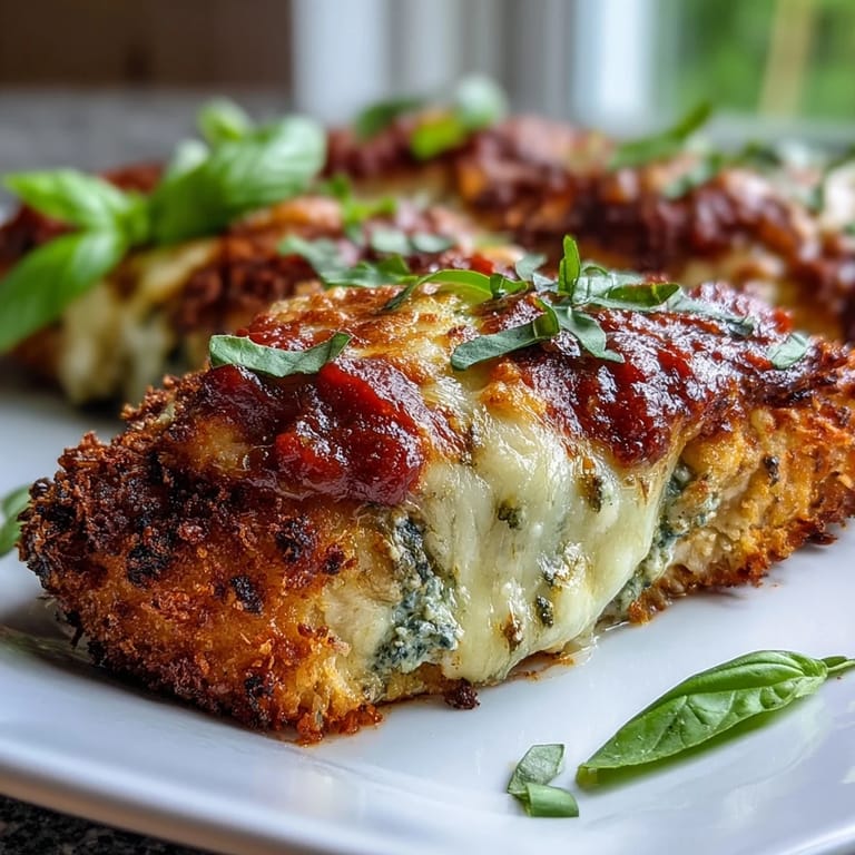 In a baking dish, Pesto Chicken Parmesan is ready to be served with a fresh green salad and fork.