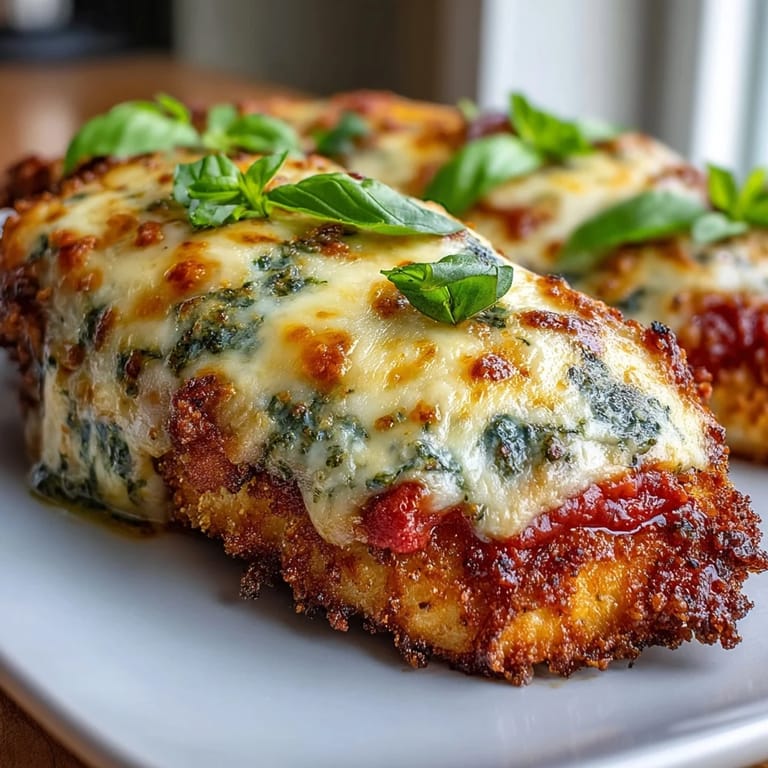 Juicy chicken breasts are layered with rich marinara, pesto, and Parmesan for a cheesy Italian-American dinner main dish.