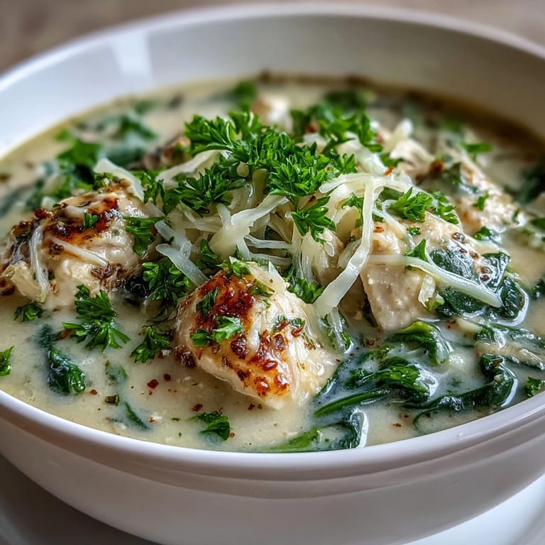 Close-up of a ladle serving Garlic Parmesan Chicken Soup, revealing tender chicken and wilted spinach in the pot.