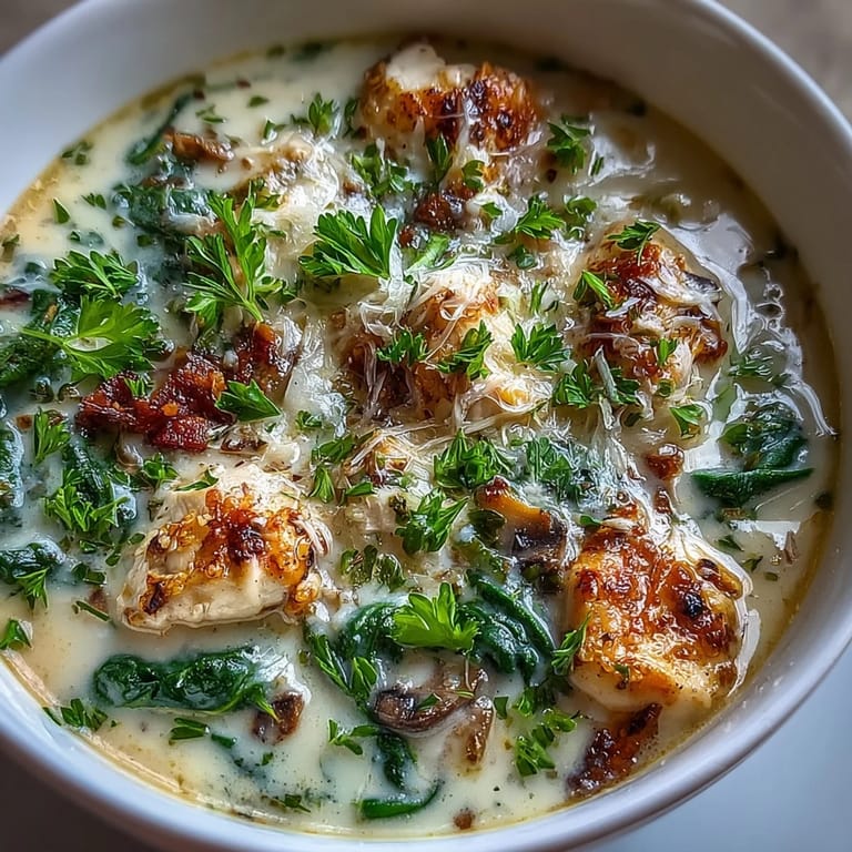 Garlic Parmesan Chicken Soup in a white ceramic bowl, topped with parsley and served alongside crusty bread.