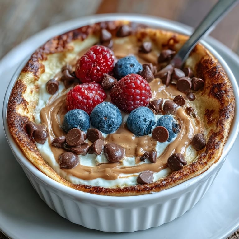 A single-serve Baked Protein Pancake Bowl with maple syrup drizzle, ready for a high-protein breakfast.