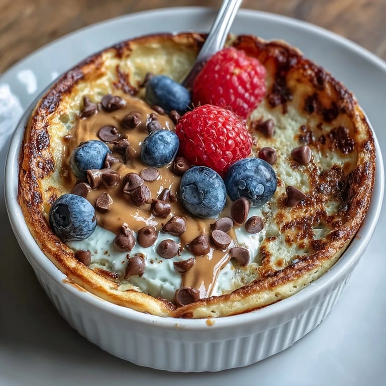 Freshly baked Baked Protein Pancake Bowl with chocolate chips and sliced almonds, served warm in a ceramic dish.