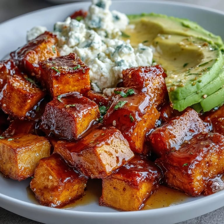 A close-up view of crispy-edged sweet potatoes topped with cottage cheese and sliced avocado in a Hot Honey Sweet Potato Bowl. Toasted pumpkin seeds and fresh herbs garnish this gluten-free weeknight dinner.