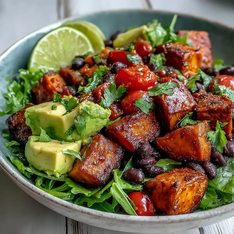 Roasted sweet potato cubes and hearty black beans in a colorful Tex-Mex bowl with lime dressing.