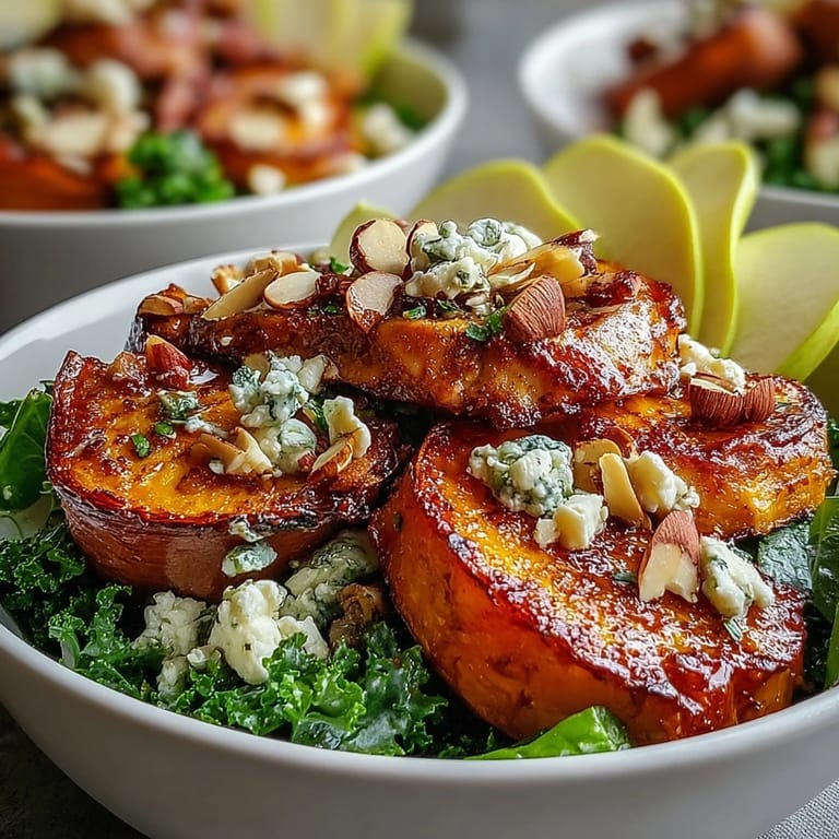 A Fall Sweet Potato Harvest Bowl with kale, crisp apple slices, and toasted almonds on a rustic wooden table.