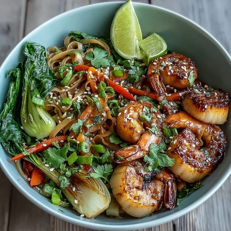 Ladle of hot Asian Noodle Bowl with Shrimp and Scallops topped with crisp snow peas, carrots, and cilantro, steam rising invitingly.