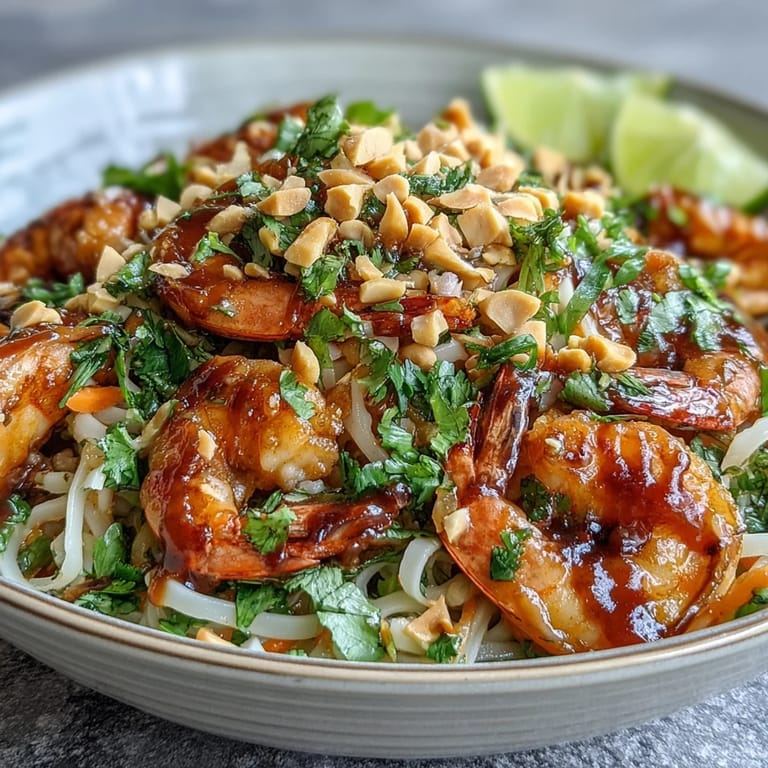 Lime wedges and chopsticks rest beside the vibrant, saucy noodles in a white bowl.