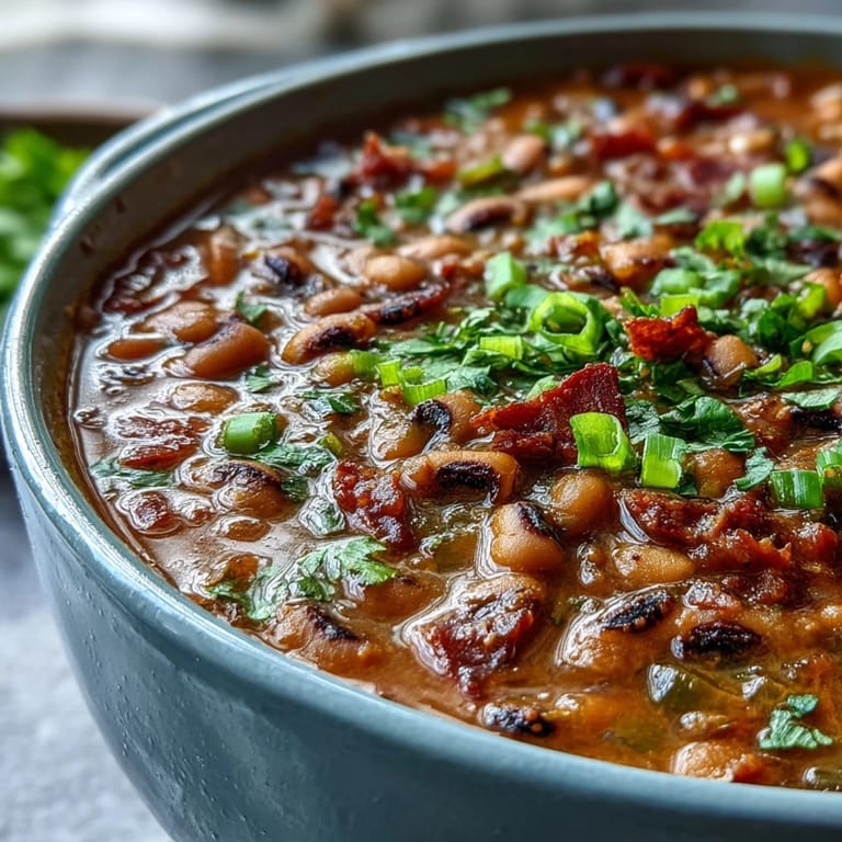 A close-up of Big Pot of Texas Black-Eyed Peas featuring smoky bacon and diced tomatoes in a rustic Dutch oven.